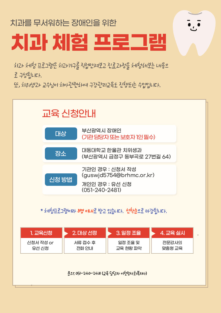 치과를 무서워하는 장애인을 위한 
치과 체험 프로그램 
치과 체험 프로그램은 치과기구르 ㄹ직접 만져보고 진료과정을 체험해보는 내용으로 구성됩니다. 
또, 치위생과 교수님이 치아관련하여 구강관리 교육도 진행되는 수업입니다. 

교육 신청안내 
- 대상 : 부산광역시 장애인 (기관 담당자 또는 보호자 1인 필수) 
- 장소 : 대동대학교 한울관 치위생과 (부산광역시 금정구 동부곡로 27번길 64) 
- 신청방법 : 
기관인 경우 : 신청서 작성 guswjd5754@brhmc@or.kr) 
개인인 경우 : 유선 신청 (051-240-2481) 

* 체험프로그램이라 8명 이내로 받고 있습니다. 선착순으로 마감됩니다. 

1. 교육 신청 : 신청서 작성 or 유선 신청 
2. 대상 선정 : 서류 접수 후 전화 안내 
3. 일정 조율 : 일정 조율 및 교육 현황 파악 
4. 교육 실시 : 전문강사의 맞춤형 교육 

문의 : 051-240-2481 (교육 담당자 이현정 사회복지사)
