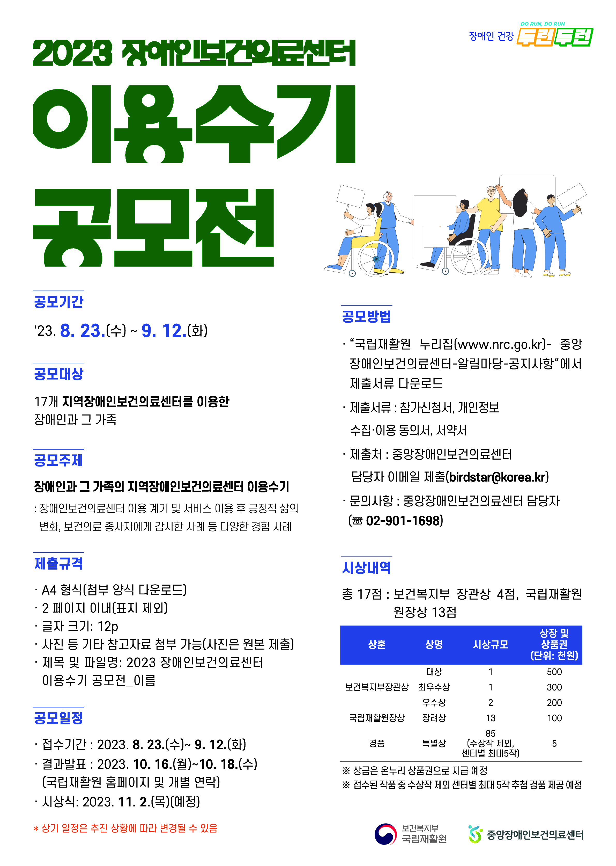 2023 장애인보건의료센터 이용수기 공모전 장애인 건강 두런두런[DO RUN, DO RUN] [IMG] 공모기간 ‘23. 8. 23.(수) ~ 9. 12.(화) 공모대상 17개 지역장애인보건의료센터를 이용한 장애인과 그 가족 공모주제 장애인과 그 가족의 지역장애인보건의료센터 이용수기 : 장애인보건의료센터 이용 계기 및 서비스 이용 후 긍정적 삶의 변화, 보건의료 종사자에게 감사한 사례 등 다양한 경험 사례 제출규격 · A4 형식(첨부 양식 다운로드) · 2 페이지 이내(표지 제외) · 글자 크기: 12p · 사진 등 기타 참고자료 첨부 가능 (사진은 원본 제출) · 제목 및 파일명: 2023 장애인보건의료센터 이용수기 공모전_이름 공모일정 · 접수기간 : 2023. 8. 23.(수)~ 9. 12(화) · 결과발표 : 2023. 10. 16.(월)~ 10. 18.(수) (국립재활원 홈페이지 및 개별 연락) · 시상식: 2023. 11. 2.(목)(예정) * 상기 일정은 추진 상황에 따라 변경될 수 있음 공모방법 · “국립재활원 누리집(www.nrc.go.kr)- 중앙장애인 보건의료센터-알림마당-공지사항”에서 제출서류 다운로드 · 제출서류 : 참가신청서, 개인정보 수집‧이용 동의서, 서약서 · 제출처 : 중앙장애인보건의료센터 [QR img] 담당자 이메일 제출(birdstar@korea.kr) · 문의사항 : 중앙장애인보건의료센터 담당자 (☎ 02-901-1698) 시상내역 총 17점 : 보건복지부 장관상 4점, 국립재활원 원장상 13점 상훈 상명 시상규모 상장 및 상품권 (단위: 천원) 보건복지부장관상 대상 1 500 최우수상 1 300 우수상 2 200 국립재활원장상 장려상 13 100 경품 특별상 85 (수상작 제외, 센터별 최대 5작) 5 ※ 상금은 온누리 상품권으로 지급 예정 ※ 접수된 작품 중 수상작 제외 센터별 최대 5작 추첨 경품 제공 예정 보건복지부 국립재활원 중앙장애인보건의료센터